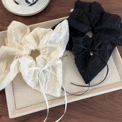 Coletero para el Cabello de Encaje Vintage Francés con Lazo y Borla de Strass Soporte para Coleta de Malla de Lunares Accesorios para el Cabello Elegantes Mujer
