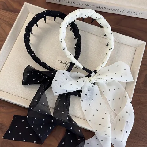 Französisch Vintage Punktmuster Haarreif Mit Langem Schleifenband Bow Anti-Rutsch Haarschmuck Für Damen