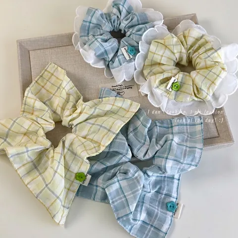Fresh Plaid Scrunchies For Women Korean Style Polyester Lace Edge Hair Ties With Flower Button Hand Made Label Hair Accessories