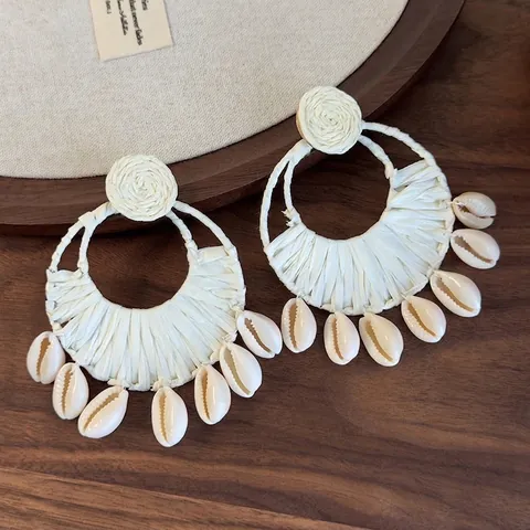 Bohemian Handgefertigt Raffia Geflecht Muschel Hängeohrringe Für Damen Sommer Strand Urlaub Retro Drop Ohrringe Schmuck