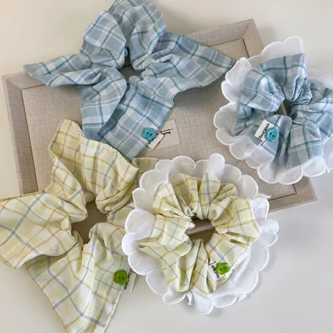 Fresh Plaid Scrunchies For Women Korean Style Polyester Lace Edge Hair Ties With Flower Button Hand Made Label Hair Accessories