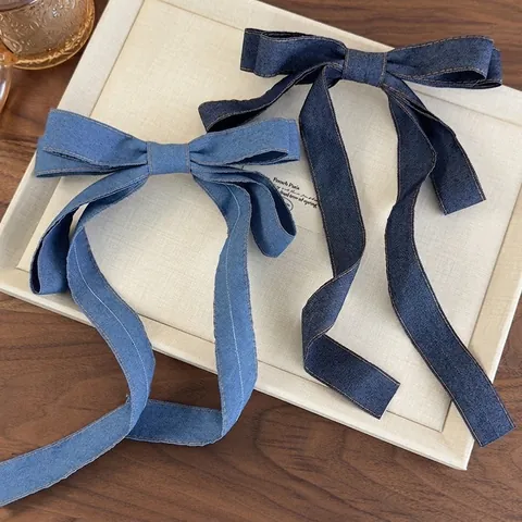 Pinza para el Cabello con Lazo de Denim Retro con Cintas Largas Dulce Francés Hecho a Mano Horquillas de Tela Accesorios para el Cabello de Mujer