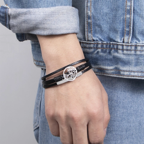 Pulsera de Cuero Tejido Multicapa de Moda para Hombre Acero Inoxidable Árbol de la Vida Cierre Magnético Joyería Punk
