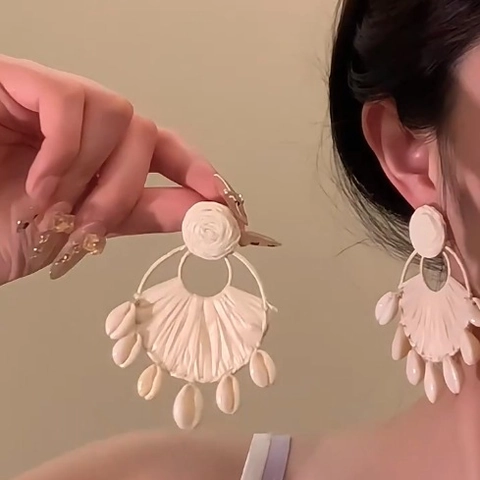 Bohemian Handgefertigt Raffia Geflecht Muschel Hängeohrringe Für Damen Sommer Strand Urlaub Retro Drop Ohrringe Schmuck