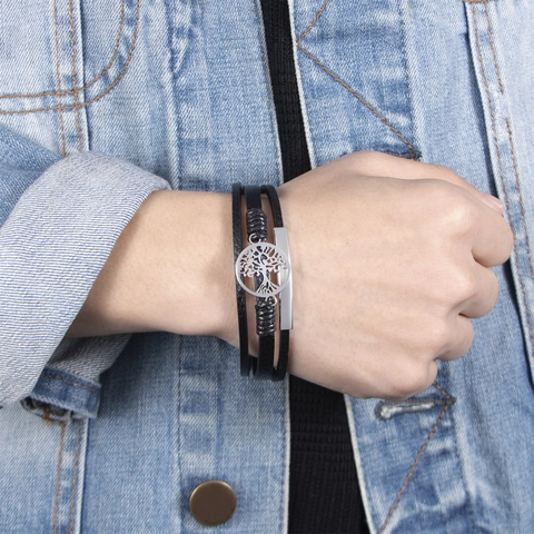 Pulsera de Cuero Tejido Multicapa de Moda para Hombre Acero Inoxidable Árbol de la Vida Cierre Magnético Joyería Punk