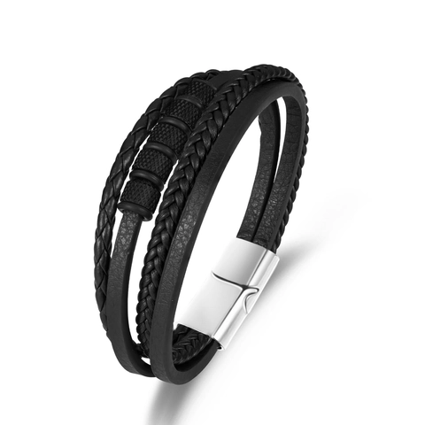Herren Mehrschichtig Geflochtenes PU-Lederarmband Mit Edelstahl-Legierungsperlen Hip-Hop Magnetverschluss Armreif Schmuck