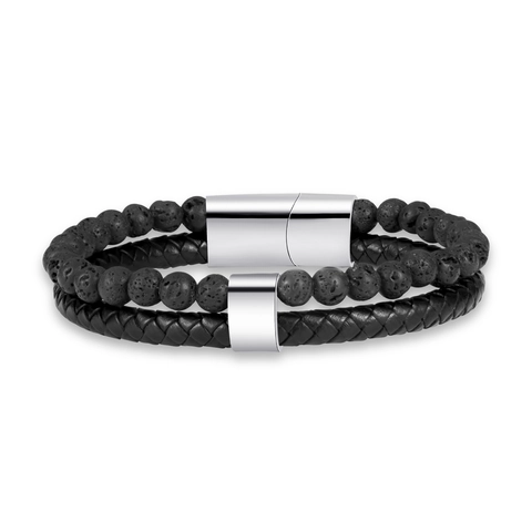 Bracciale da Uomo Punk in Acciaio Inossidabile con Perline di Pietra Lavica e Pelle Intrecciata Doppio Strato Chiusura Magnetica Gioiello di Moda Regalo