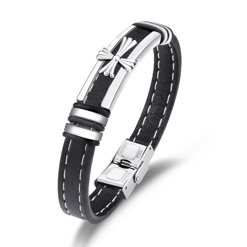 Pulsera de Cuero Genuino para Hombre con Cruz de Acero Inoxidable Brazalete Trenzado Joyería de Moda Informal Simple Negro