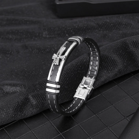 Pulsera de Cuero Genuino para Hombre con Cruz de Acero Inoxidable Brazalete Trenzado Joyería de Moda Informal Simple Negro