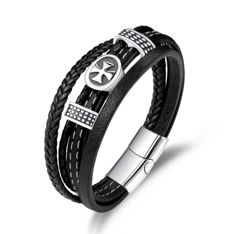 Herren Mehrlagiges Lederarmband Edelstahl Kreuz Anhänger Geflochtenes Seil Armreif Punk Rock Stil Schmuck Für Männer