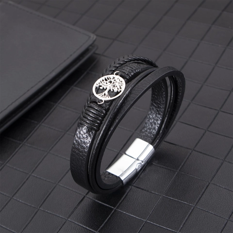 Men Tree Of Life Multi Layer Braided Leather Bracelet Stainless Steel Magnetic Clasp Vintage Casual Wristband Jewelry