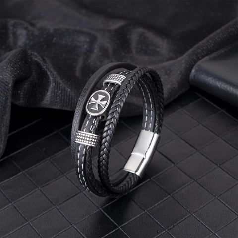 Herren Mehrlagiges Lederarmband Edelstahl Kreuz Anhänger Geflochtenes Seil Armreif Punk Rock Stil Schmuck Für Männer