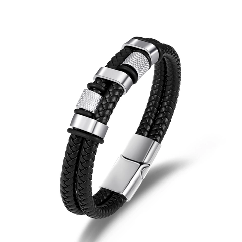 Bracciale da Uomo Multistrato in Pelle PU Intrecciata Lega Acciaio Inossidabile Chiusura Magnetica Geometrica Punk Moda Gioielli