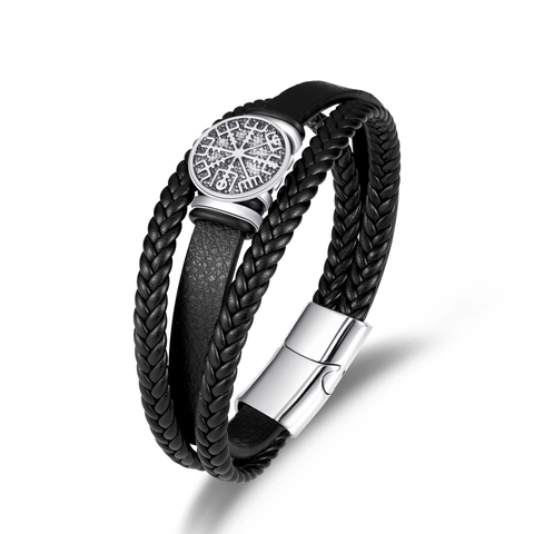 Pulsera Brújula Vikinga de Cuero PU Aleación Acero Inoxidable Multicapa Trenzada Punk Retro para Hombre Regalo de Fiesta Diario