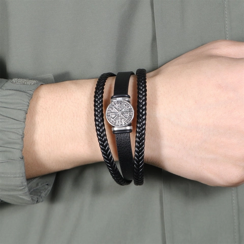 Pulsera Brújula Vikinga de Cuero PU Aleación Acero Inoxidable Multicapa Trenzada Punk Retro para Hombre Regalo de Fiesta Diario