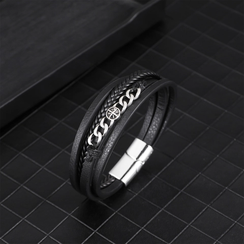 Vintage Herren Mehrlagiges Geflochtenes PU Leder Armband Mit Edelstahl Kette Hexagramm Stern Punk Hip Hop Schmuck