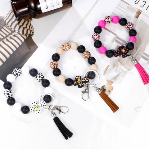 Fashion Silicone Beaded Keyring Wristlet Cross Tassel Leopard Cow Print Bracelet Key Holder Women Jewelry Accessory
