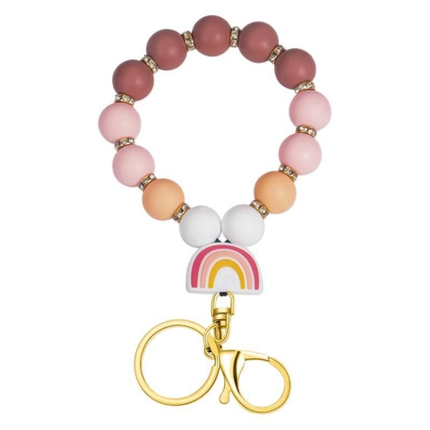 Porte-clés Bracelet en Perles de Silicone pour Femmes Breloque Arc-en-ciel Colorée Avec Fermoir en Métal Doré Accessoires