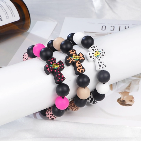 Fashion Silicone Beaded Keyring Wristlet Cross Tassel Leopard Cow Print Bracelet Key Holder Women Jewelry Accessory