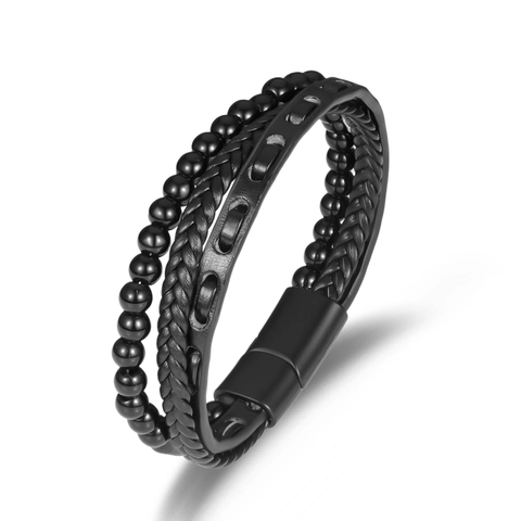 Men's Multi-layer Black Leather Bracelet Hematite Beaded Woven Cord Alloy Magnetic Buckle Retro Industrial Punk Wristband