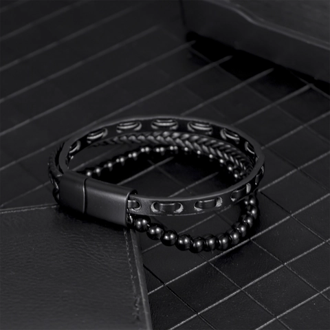 Men's Multi-layer Black Leather Bracelet Hematite Beaded Woven Cord Alloy Magnetic Buckle Retro Industrial Punk Wristband