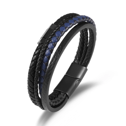 Mode Herren Mehrlagiges Geflochtenes Echtes Leder Armband Edelstahl Magnetverschluss Geometrisches Zubehör Handgelenk Schmuck Geschenk