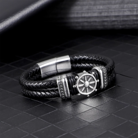 Pulsera de Cuero Trenzado Retro para Hombre Con Colgante de Timón de Acero Inoxidable Joyería Náutica Cierre Magnético