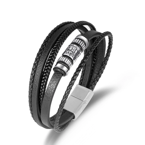 Heren Gelaagde Leren Armband Gevlochten Touw Roestvrij Staal Magneetsluiting Vintage Urban Casual Mode Sieraden Handband
