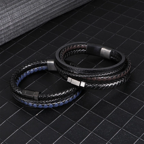 Mode Herren Mehrlagiges Geflochtenes Echtes Leder Armband Edelstahl Magnetverschluss Geometrisches Zubehör Handgelenk Schmuck Geschenk