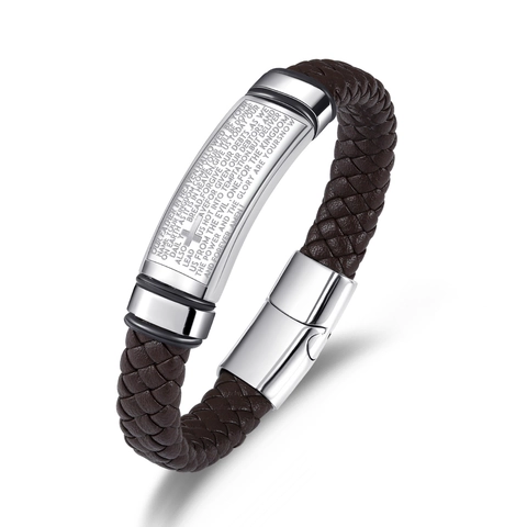 Pulsera de Cuero Trenzado Vintage para Hombre con Cruz de Acero Inoxidable Grabado Padre Nuestro Cierre Magnético Joyería Religiosa Regalo