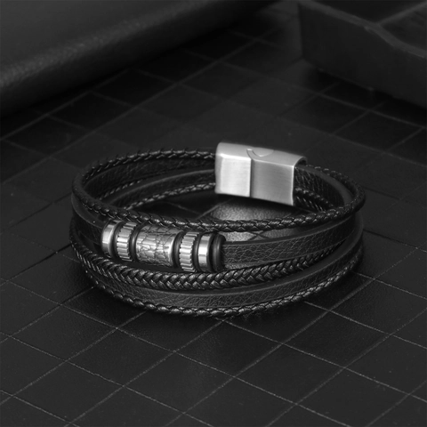 Pulsera Multicapa de Cuero para Hombre Cuerda Trenzada Cierre Magnético de Acero Inoxidable Vintage Urbano Casual Joyería de Moda