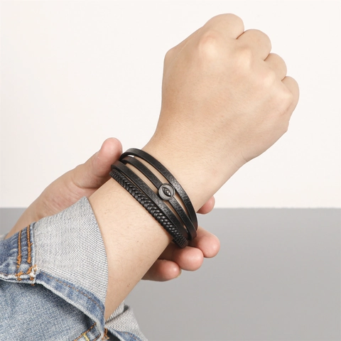 Men's Fashion Multi-layer Woven Leather Bracelet With Stainless Steel Magnetic Buckle Evil Eye Decorative Charm Wristband