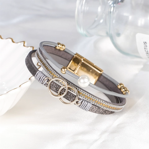 Bracciale Avvolgente in Pelle Multistrato Boémien per Donna Strass Perla Artificiale Chiusura Magnetica Gioielli di Moda