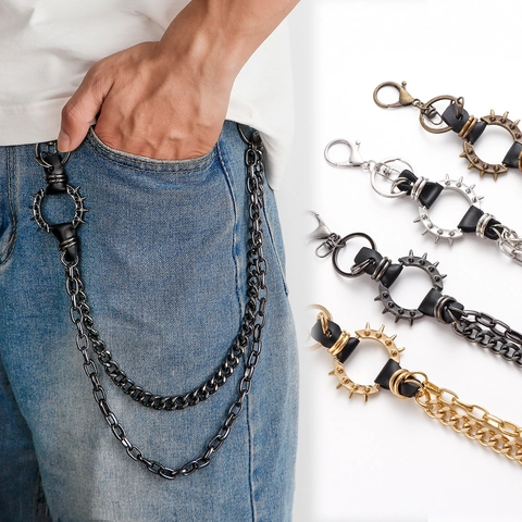 Cadena de Pantalones de Doble Capa Punk para Hombres Mujeres Cadena de Cartera de Aleación de Hierro Con Anillo de Cuero Con Picos
