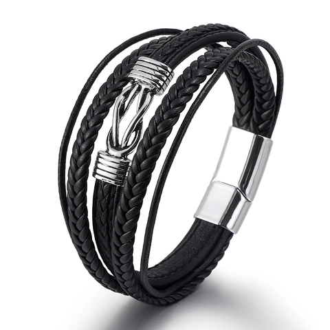 Men Genuine Leather Bracelet Multi-layer Braided Infinite Symbol Punk Style Black Hand-woven Bangle Alloy Magnetic Clasp Jewelry
