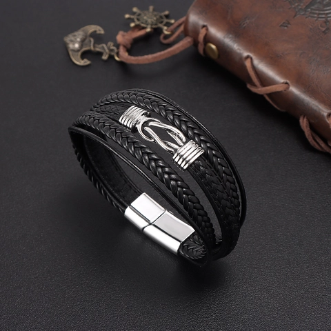 Men Genuine Leather Bracelet Multi-layer Braided Infinite Symbol Punk Style Black Hand-woven Bangle Alloy Magnetic Clasp Jewelry