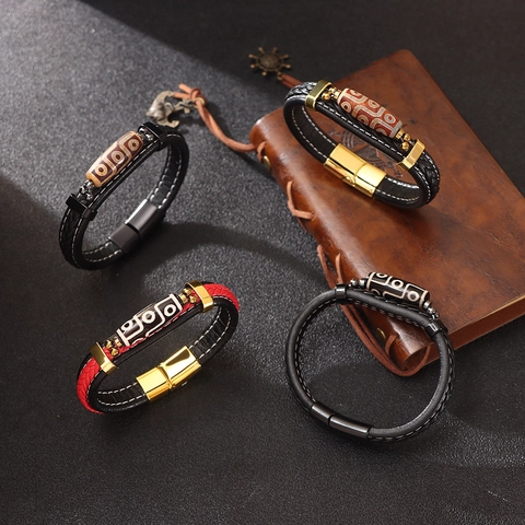 Bracciale in Pelle Intrecciata a Mano Vintage per Uomo Ciondolo Dzi Etnico Chiusura Magnetica in Lega Gioielli Uomo Retro