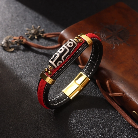 Bracciale in Pelle Intrecciata a Mano Vintage per Uomo Ciondolo Dzi Etnico Chiusura Magnetica in Lega Gioielli Uomo Retro