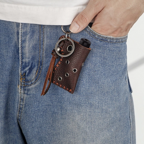 Vintage Second-Layer Cowhide Leather Lighter Case Axe Shaped Keychain Pendant Protective Sleeve With Alloy Clasp Outdoor Camping Gear