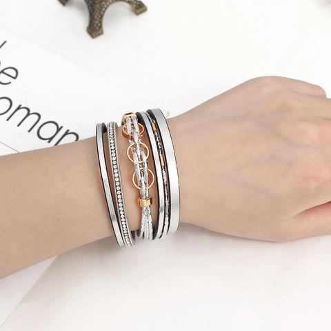 Böhmisches Mehrlagiges Kunstleder Strass Armband Für Damen Einfacher Modeschmuck Mit Gold Silber Magnetschnalle Armreif