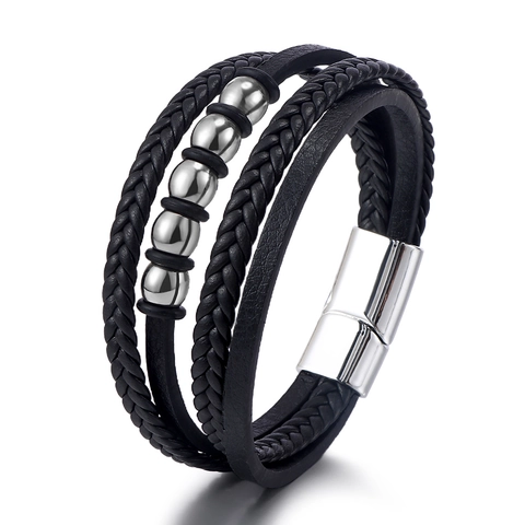 Herren Mehrlagiges PU Leder Armband Legierung Perlen Magnetverschluss Geflochten Mode Schmuck Alltag Retro Punk Accessoire
