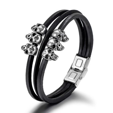 Bracciale in Pelle Multistrato con Teschio Chiusura in Acciaio Inossidabile Punk Gothic Biker Polsino da Uomo Gioielli da Festa