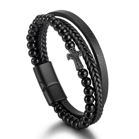 Bracciale in Pelle Multistrato da Uomo Con Perline di Ossidiana Ciondolo a Croce Corda Intrecciata Fibbia Magnetica Punk