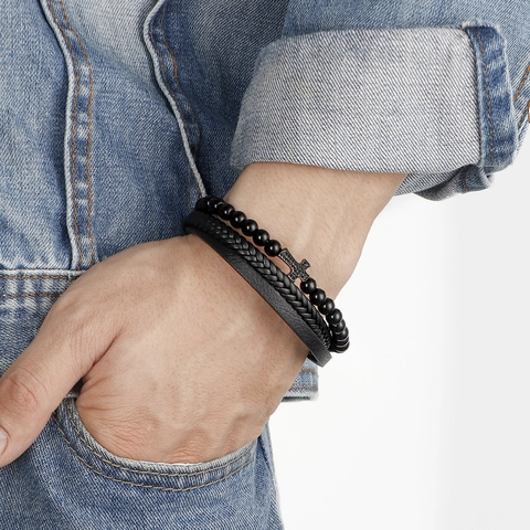 Bracciale in Pelle Multistrato da Uomo Con Perline di Ossidiana Ciondolo a Croce Corda Intrecciata Fibbia Magnetica Punk