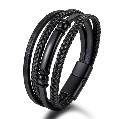 Bracciale da Uomo Multistrato in Pelle Intrecciata Chiusura Magnetica Perle in Lega Nero Cinturino a Più Fili Gioielli Regalo per Uomo
