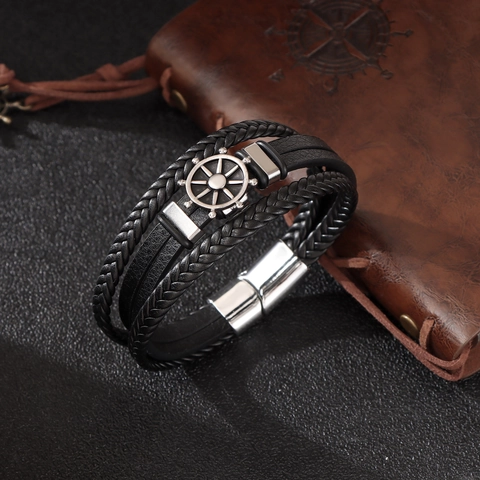 Mehrlagiges Geflochtenes Lederarmband Für Herren Mit Legierung Schiffsteuer Anhänger Nautischer Stil Magnetverschluss Punk Armband