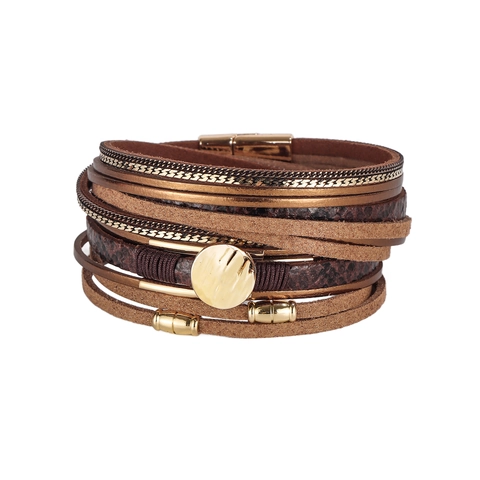 Boheems Multi-Layer Lederen Wrap Armband Voor Vrouwen Vintage Goud Gehamerd Metaal Schijf Slangenprint Magneetsluiting Sieraden