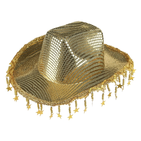 Cappello da Cowboy Lucido con Paillettes Disco e Nappine a Stella Cappello da Festa Glitter Stile Western per Carnevale Festival Musicale Esibizione sul Palco