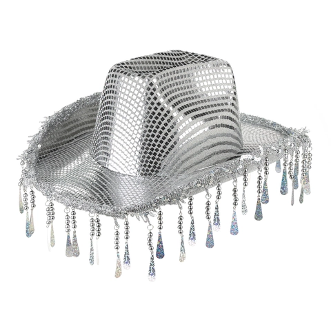 Cappello da Cowboy Lucido con Paillettes Disco e Nappine a Stella Cappello da Festa Glitter Stile Western per Carnevale Festival Musicale Esibizione sul Palco