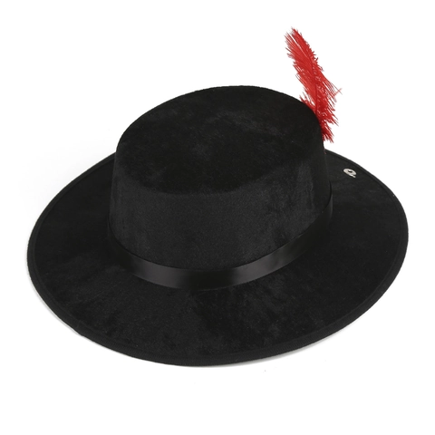Chapeau Boléro Noir Vintage Avec Plume Rouge Sommet Plat Chapeau Fedora en Polyester pour Performance Fête Style Britannique Rétro